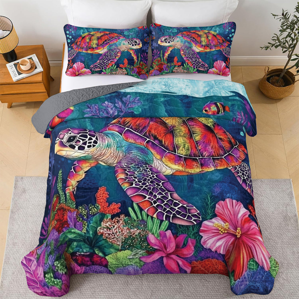 Shineful All Season Quilt 3-Piece Set Vibrant Sea Turtle Paradise