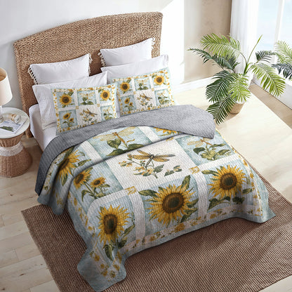 Shineful All Season Quilt 3-Piece Set Sunflower Dragonfly Patchwork