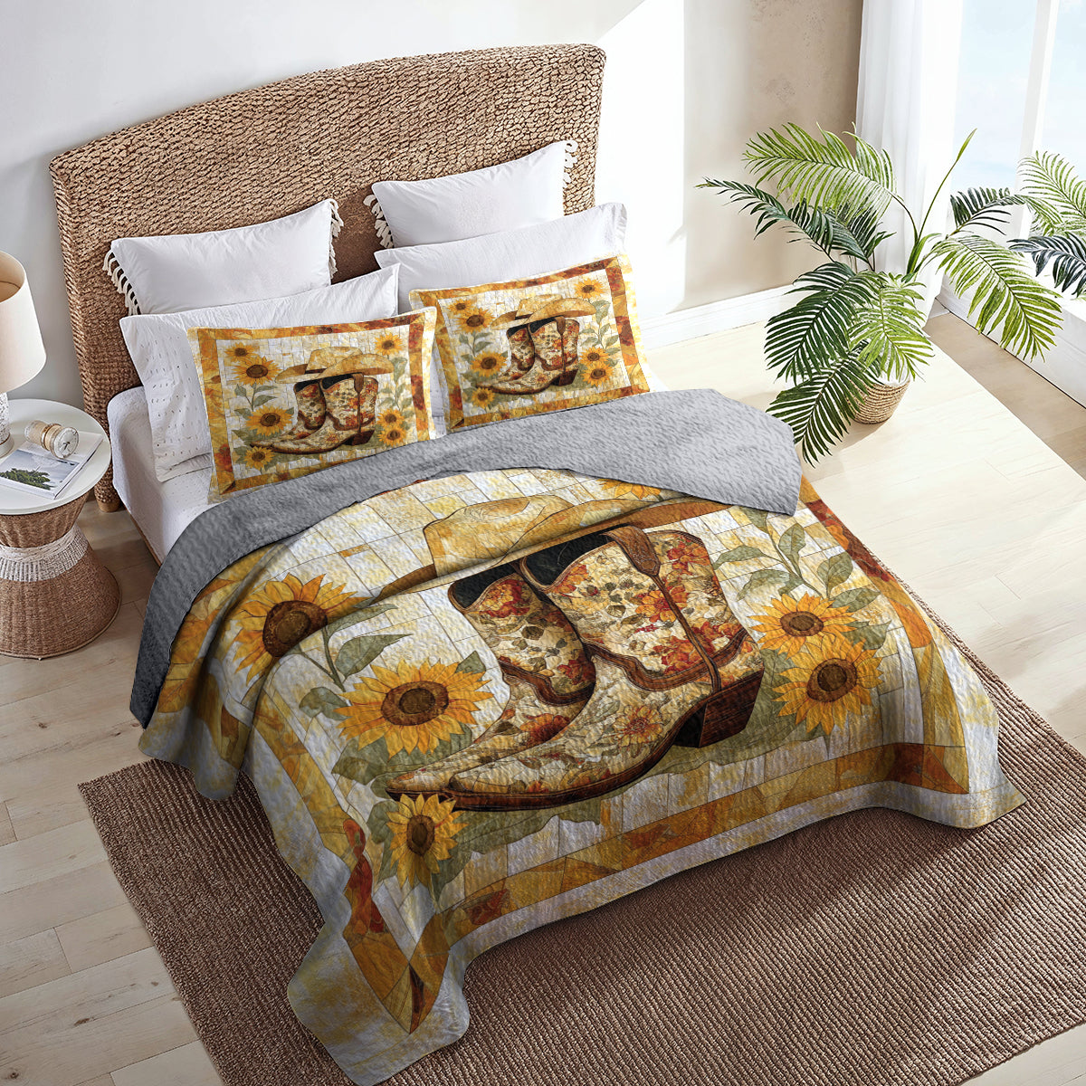 Shineful All Season Quilt 3-Piece Set Sunflower Cowboy Boot