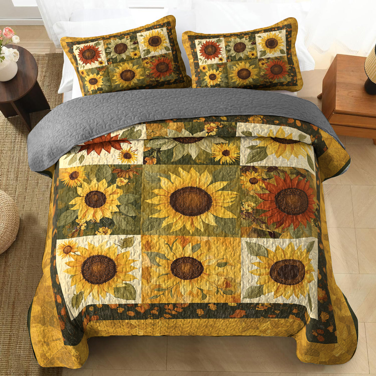 Shineful All Season Quilt 3-Piece Set Golden Sunflower Patchwork