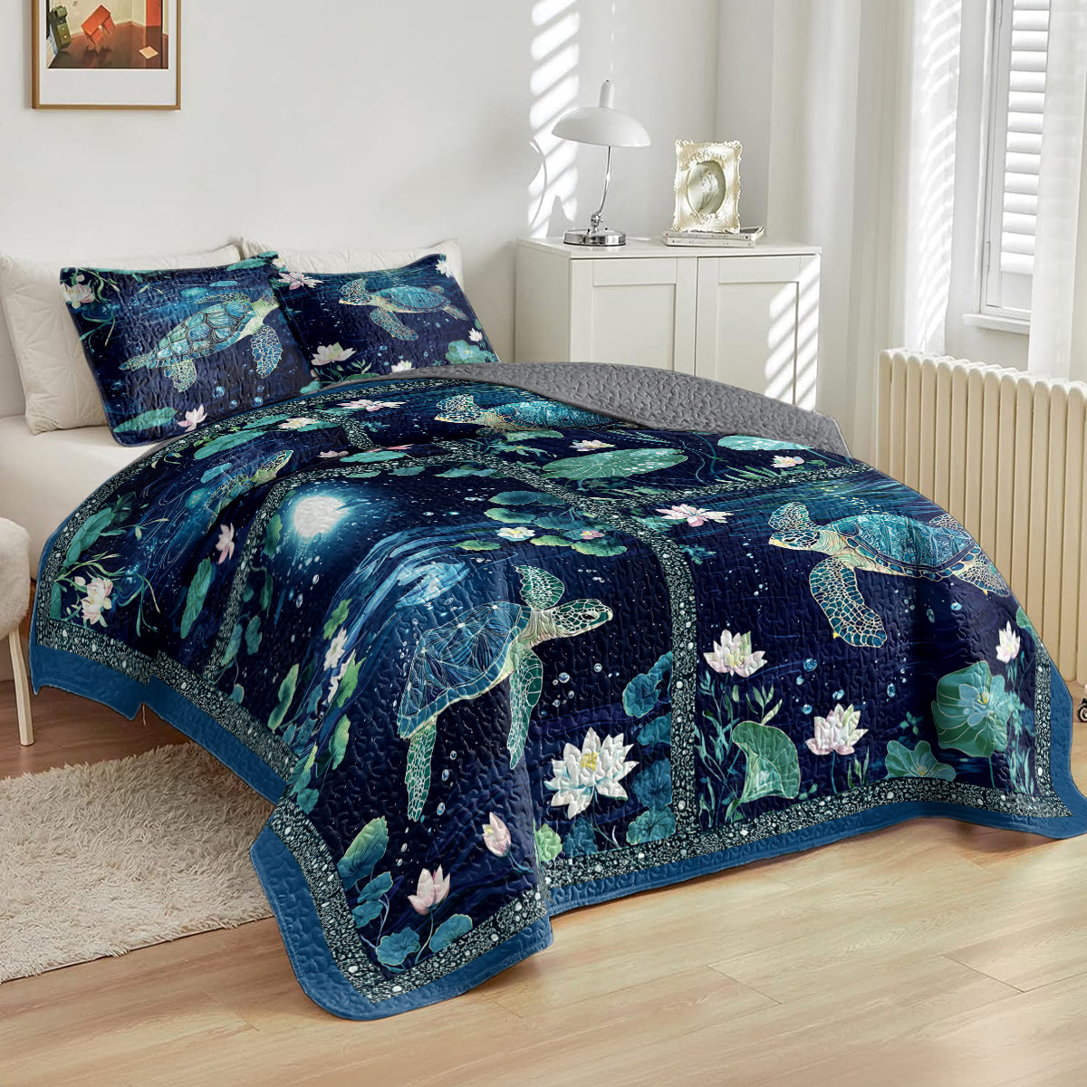 Shineful All Season Quilt 3-Piece Set Night Ocean Turtle
