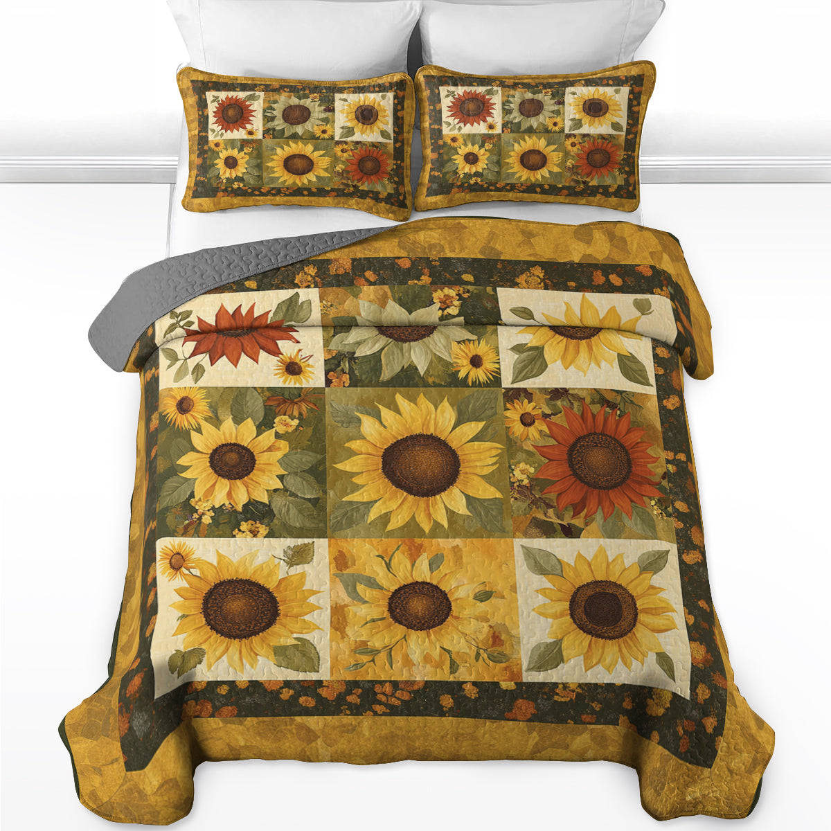 Shineful All Season Quilt 3-Piece Set Golden Sunflower Patchwork