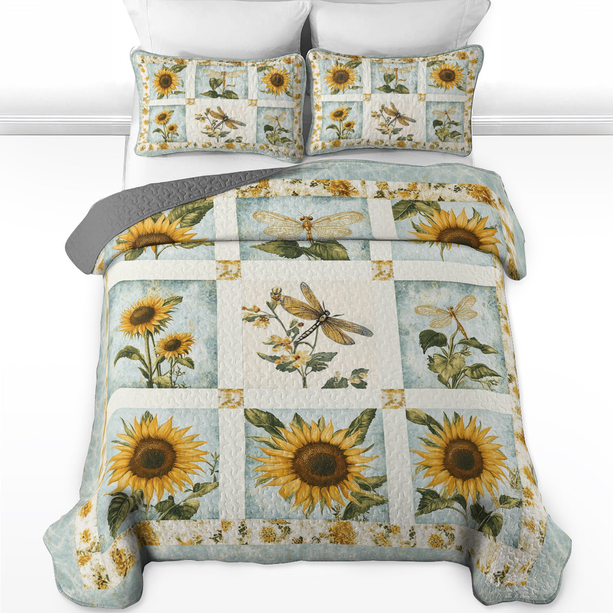Shineful All Season Quilt 3-Piece Set Sunflower Dragonfly Patchwork