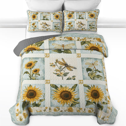 Shineful All Season Quilt 3-Piece Set Sunflower Dragonfly Patchwork