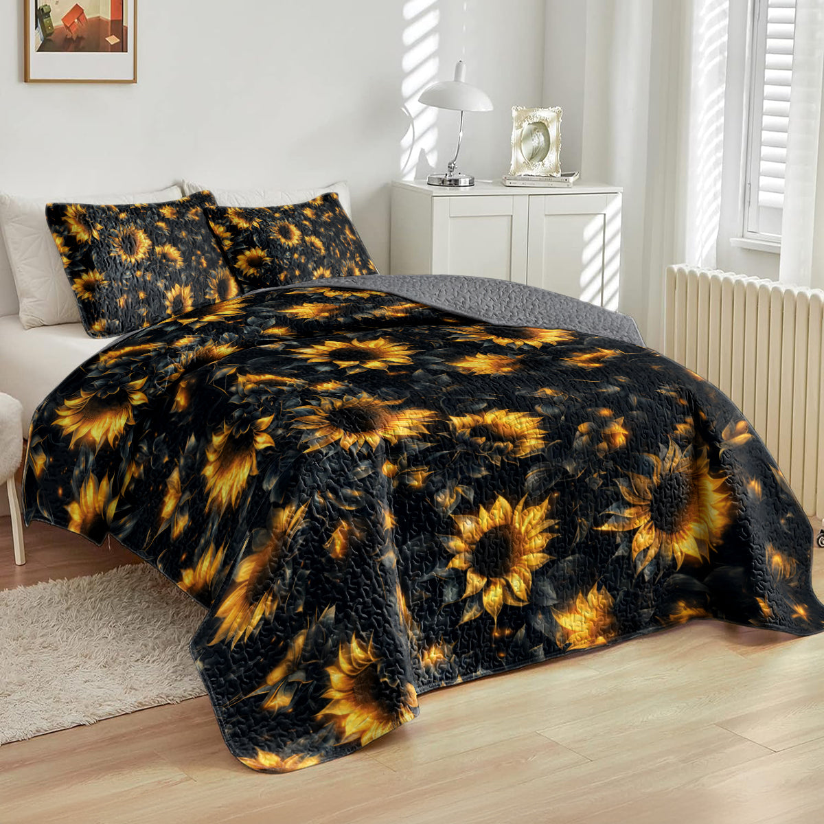 Shineful All Season Quilt 3-Piece Set Midnight Sunflower Glow