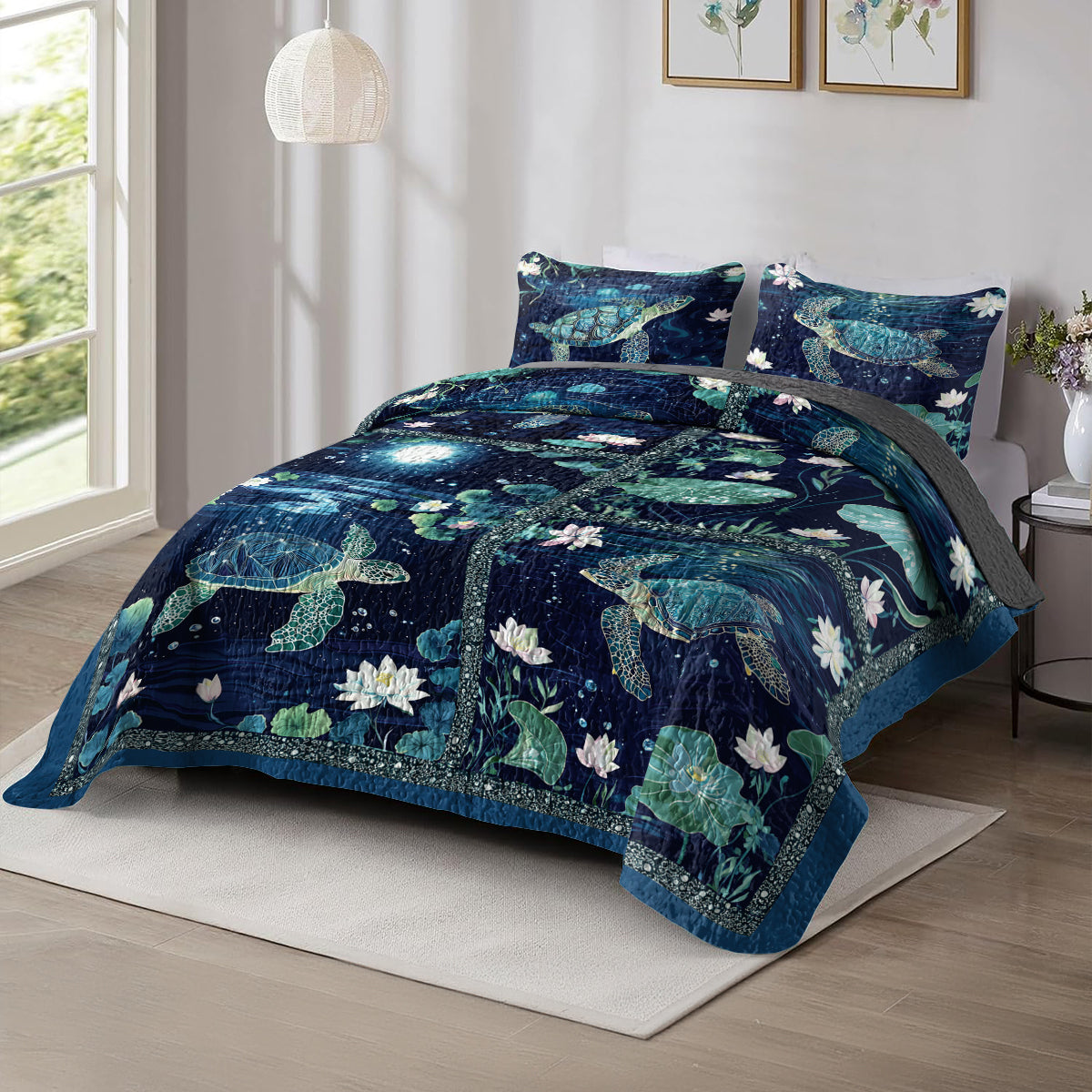 Shineful All Season Quilt 3-Piece Set Night Ocean Turtle