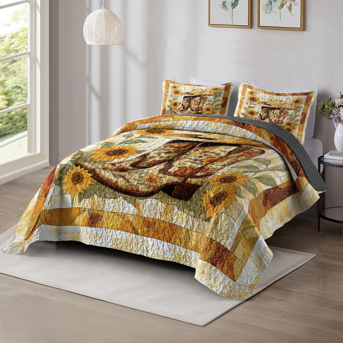 Shineful All Season Quilt 3-Piece Set Sunflower Cowboy Boot