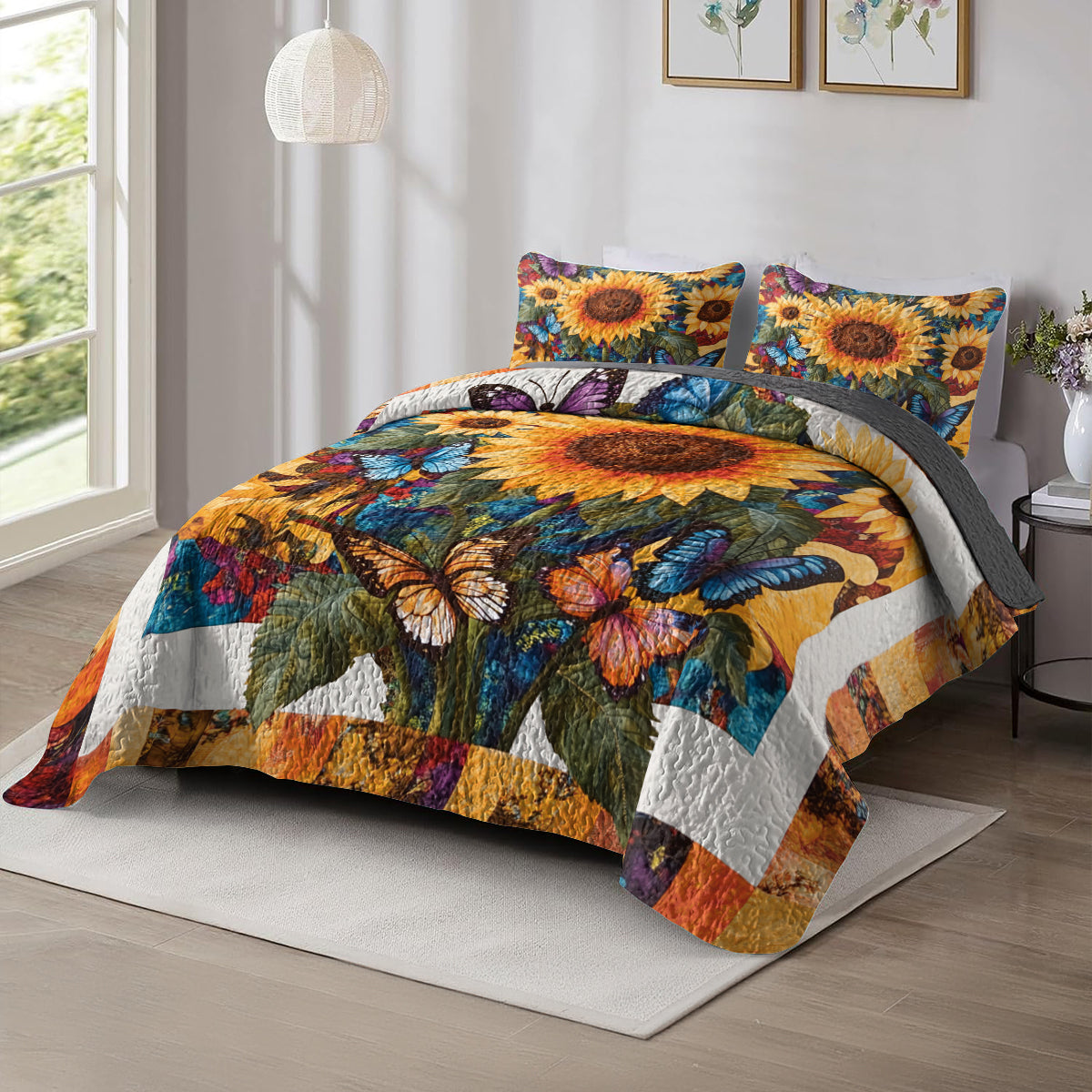Shineful All Season Quilt 3-Piece Set Vibrant Sunflower & Butterfly