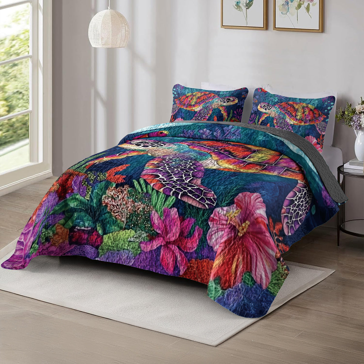 Shineful All Season Quilt 3-Piece Set Vibrant Sea Turtle Paradise