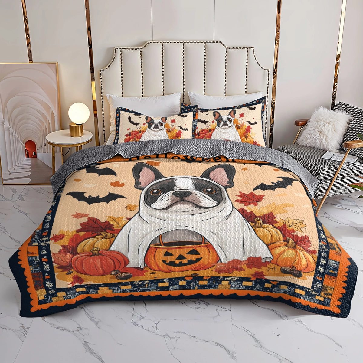 Shineful All Season Quilt 3-Piece Set - Ghostly Frenchie Halloween