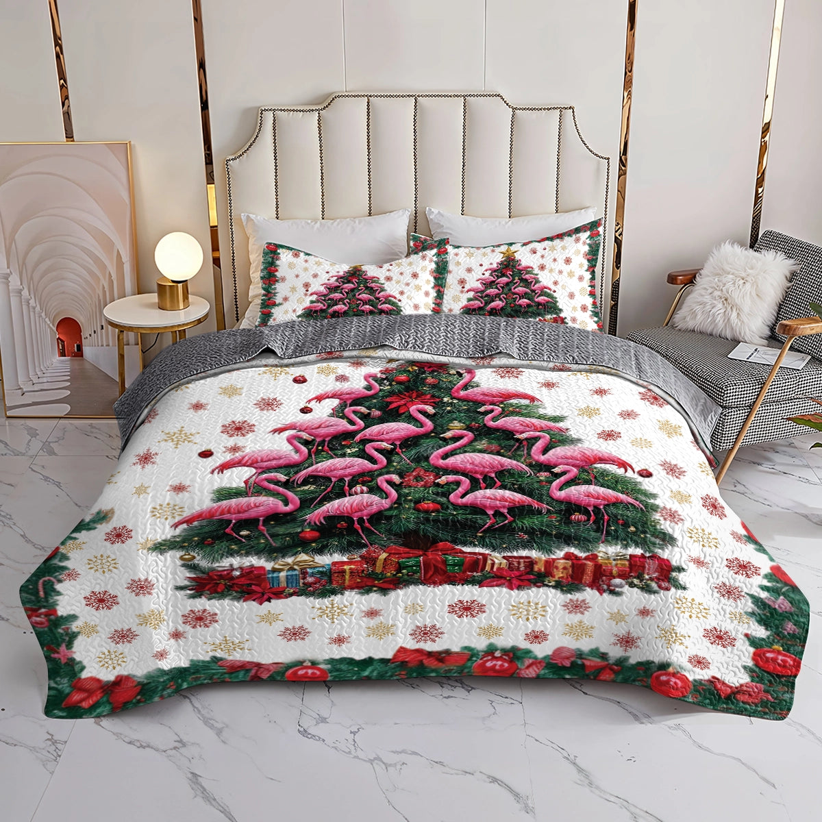 Shineful All Season Quilt 3-Piece Set - Tropical Christmas Flamingo