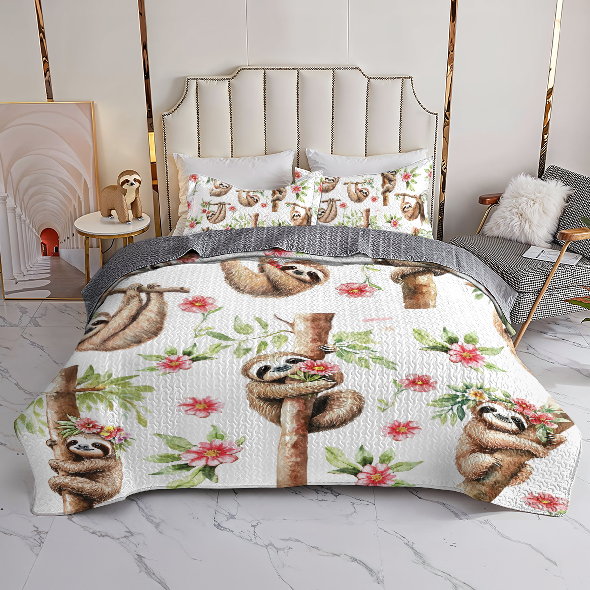 Shineful All Season Quilt 3-Piece Set Pink Flower Sloth Haven