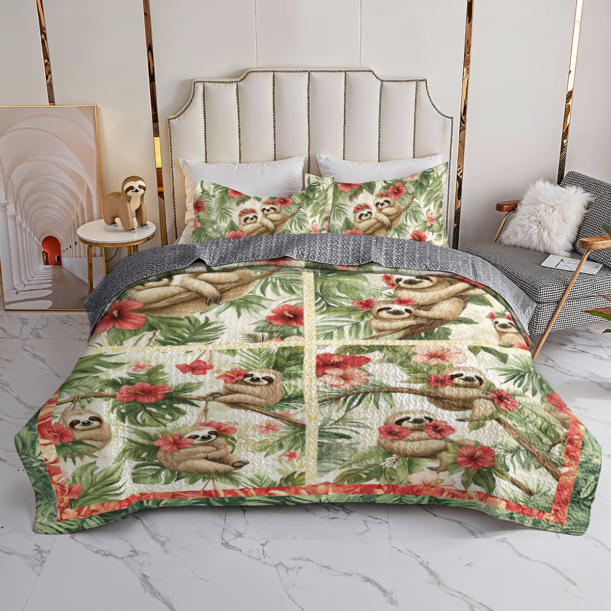 Shineful All Season Quilt 3-Piece Set Hibiscus Harmony Sloth