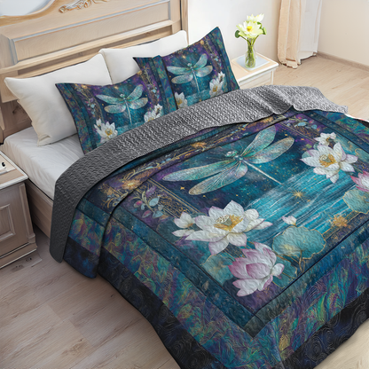 Shineful All Season Quilt 3-Piece Set Tranquil Lotus Dragonfly
