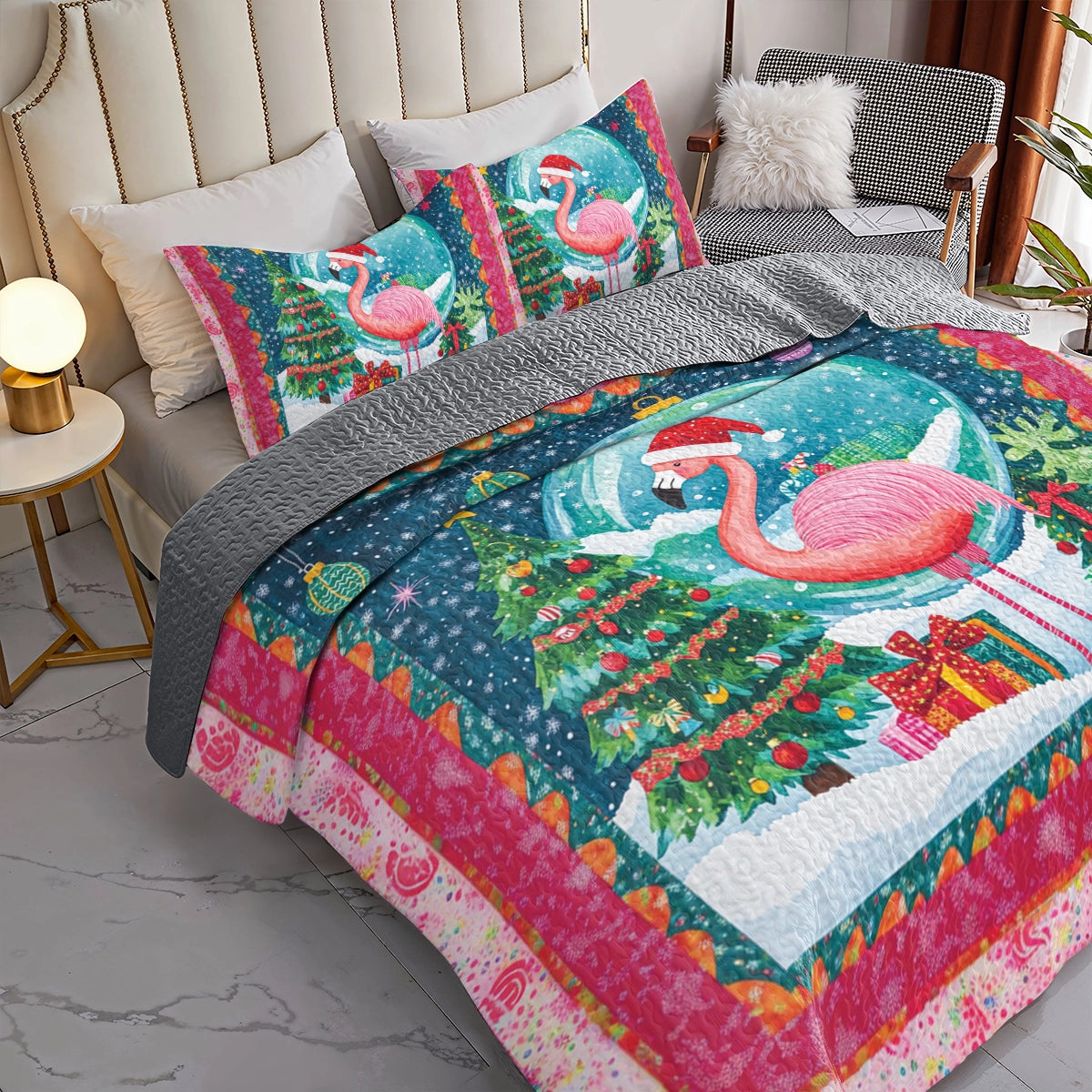 Shineful All Season Quilt 3-Piece Set Holiday Flamingo Wonderland