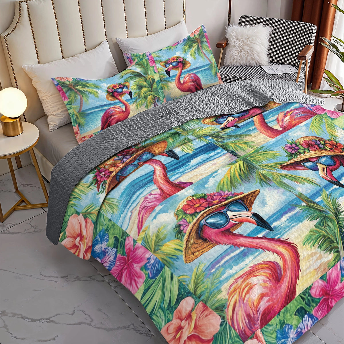 Shineful All Season Quilt 3-Piece Set - Tropical Flamingo Dreams