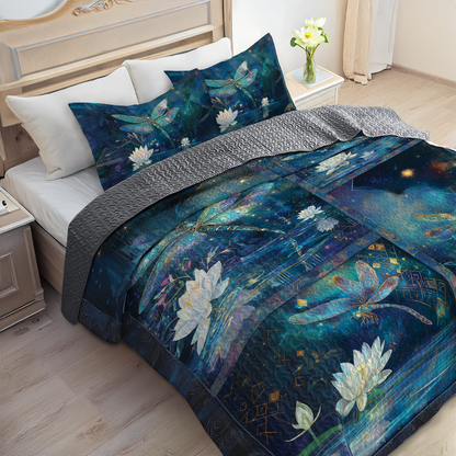 Shineful All Season Quilt 3-Piece Set Lotus And Dragonfly Serenity