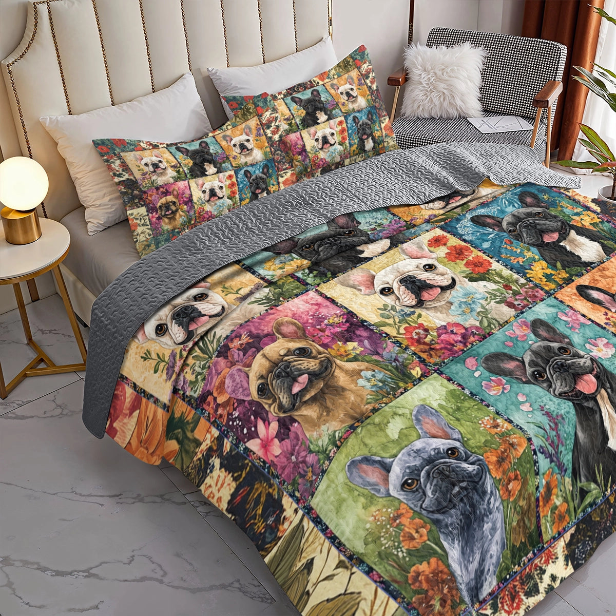 Shineful All Season Quilt 3-Piece Set - French Bulldog Garden