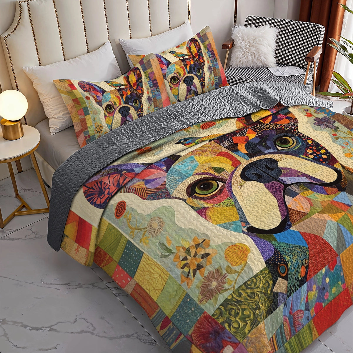 Shineful All Season Quilt 3-Piece Set Frenchie Patchwork Paradise