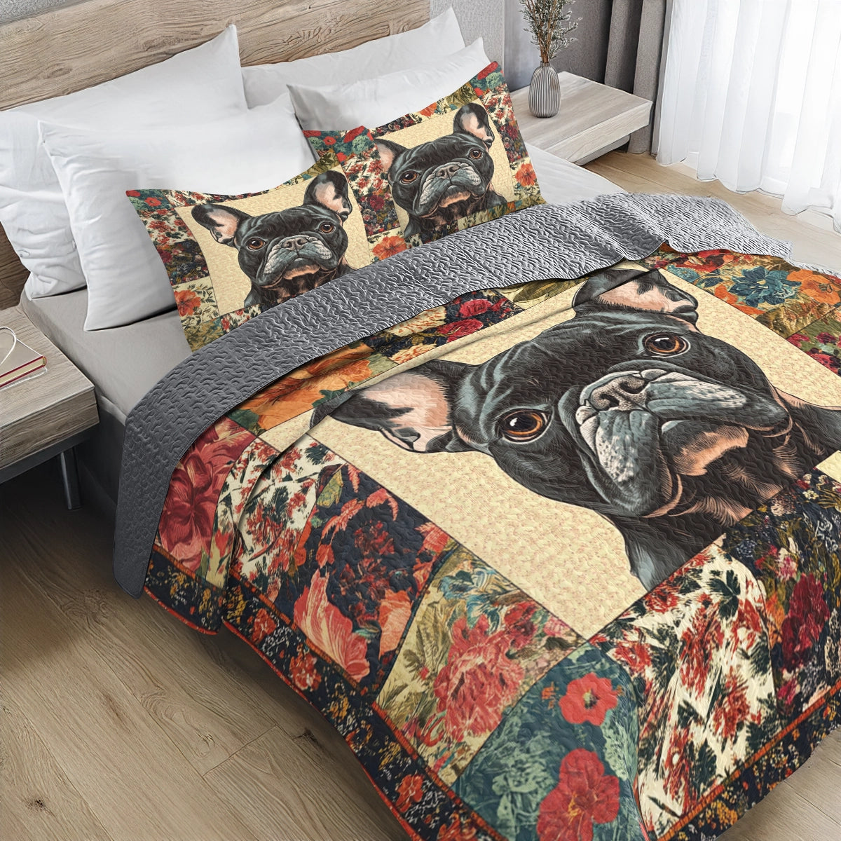 Shineful All Season Quilt 3-Piece Set - Vintage Floral Frenchie