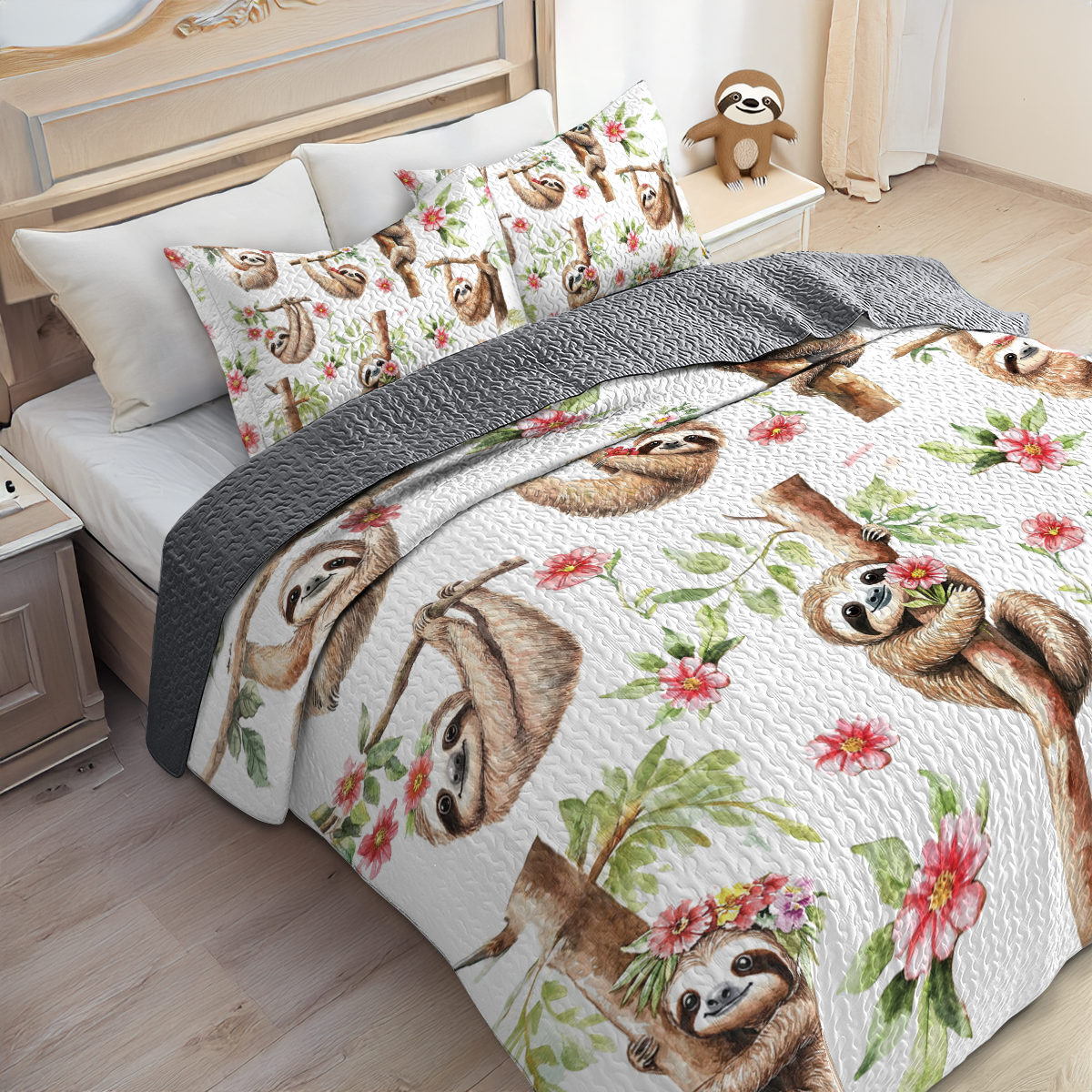 Shineful All Season Quilt 3-Piece Set Pink Flower Sloth Haven
