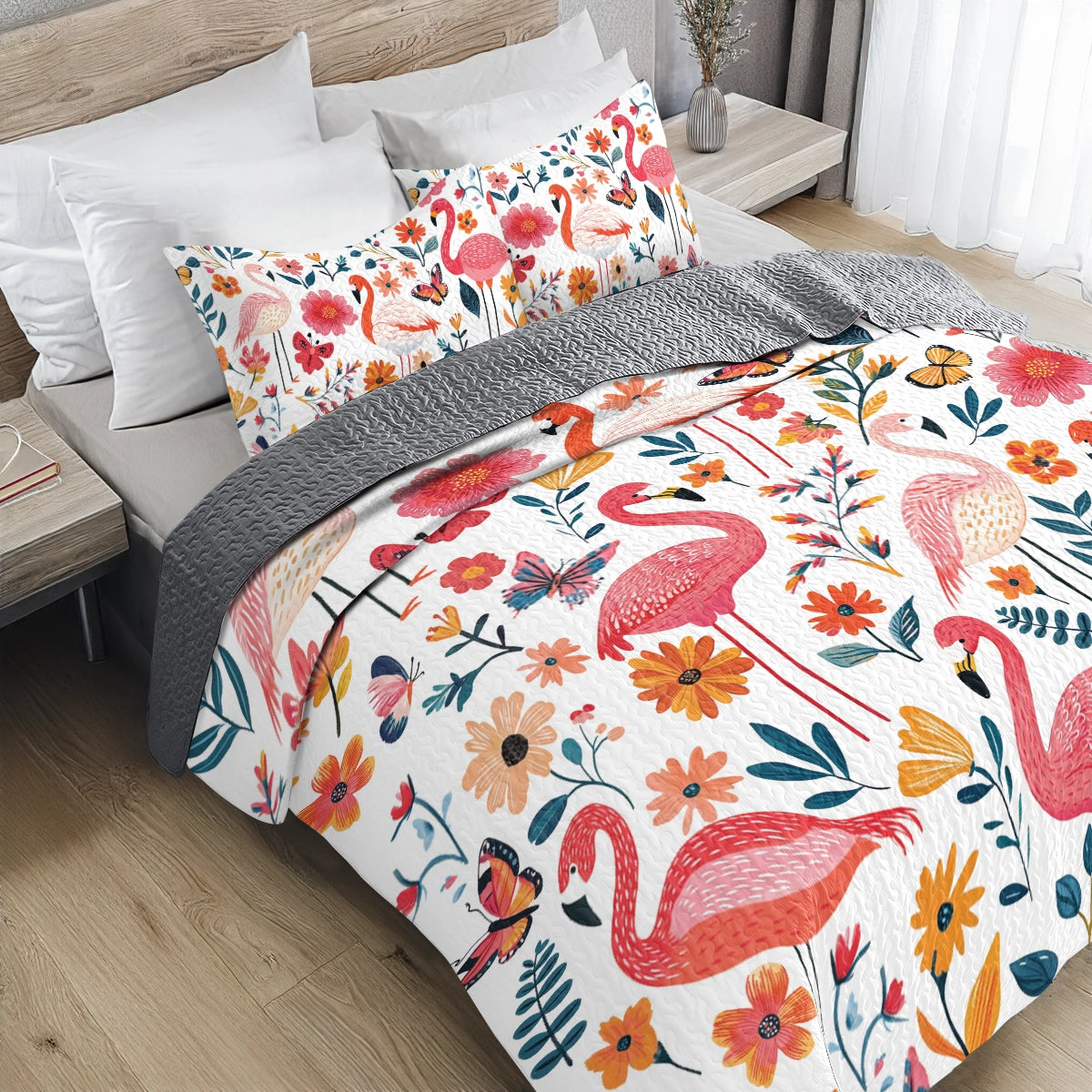 Shineful All Season Quilt 3-Piece Set Botanical Flamingo Bliss