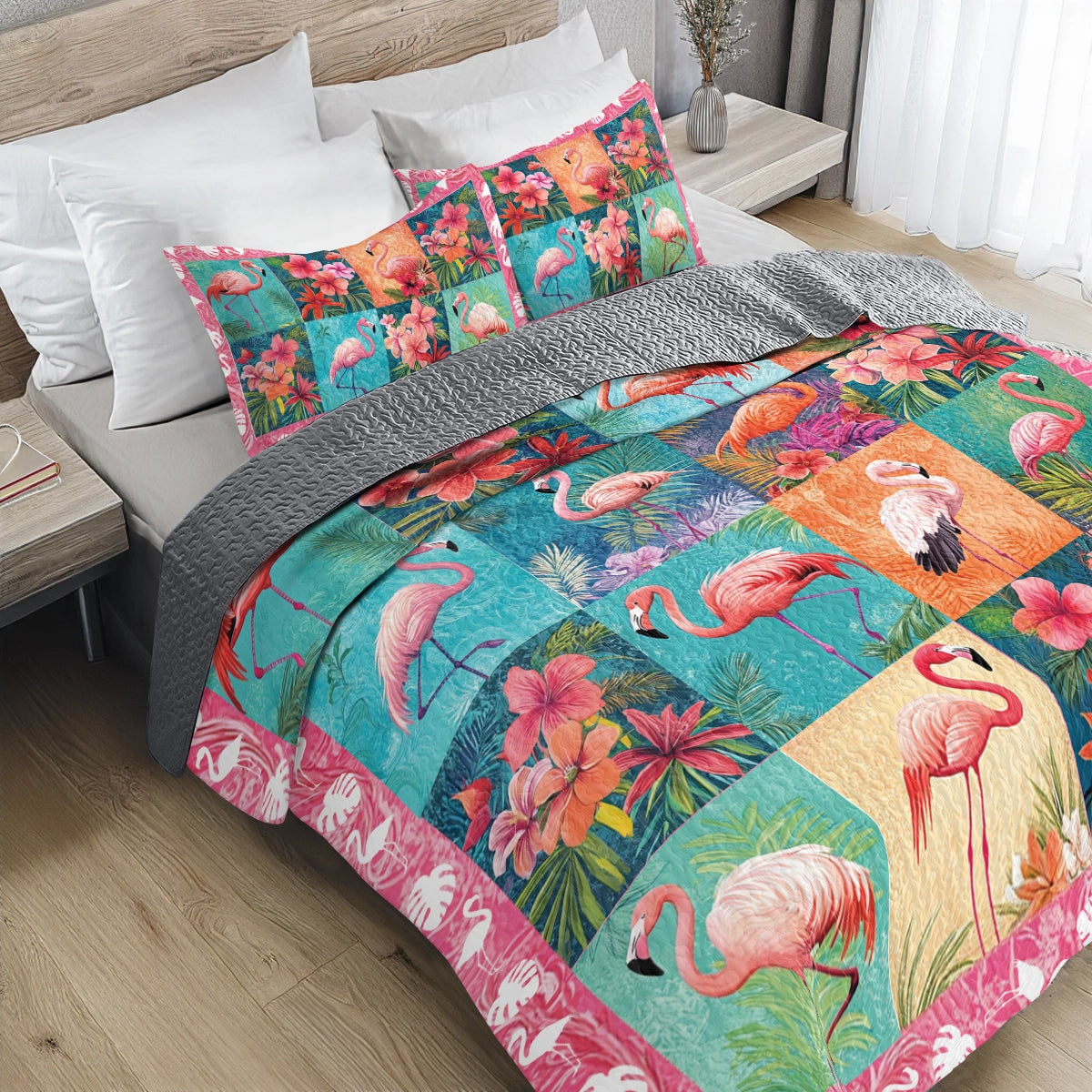 Shineful All Season Quilt 3-Piece Set Exotic Flamingo Serenity