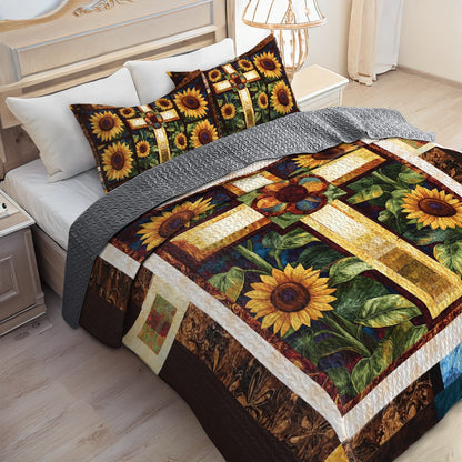 Shineful All Season Quilt 3-Piece Set God's Divine Sunflower Cross