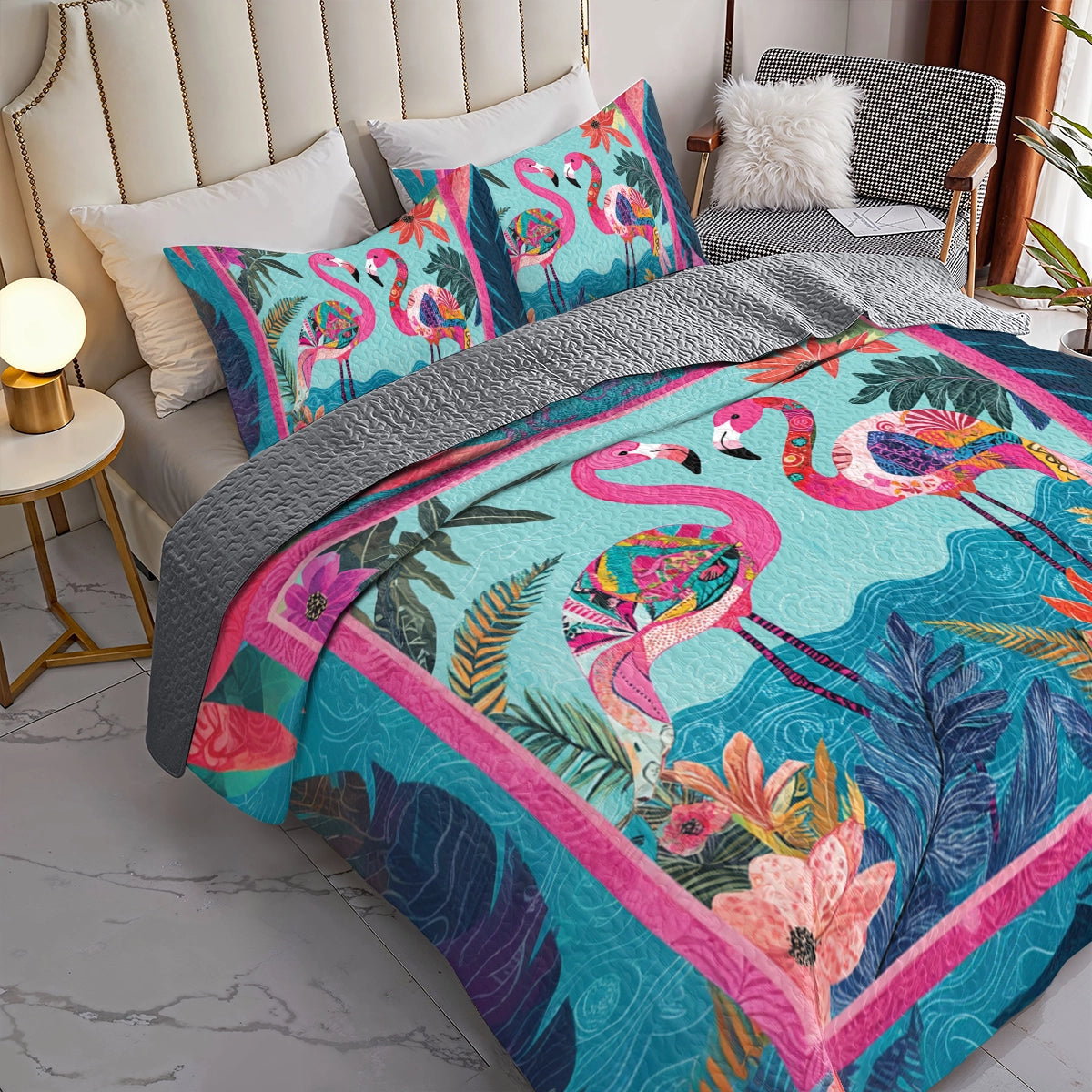 Shineful All Season Quilt 3-Piece Set Tropical Flamingo Paradise