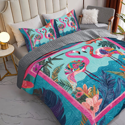 Shineful All Season Quilt 3-Piece Set Tropical Flamingo Paradise