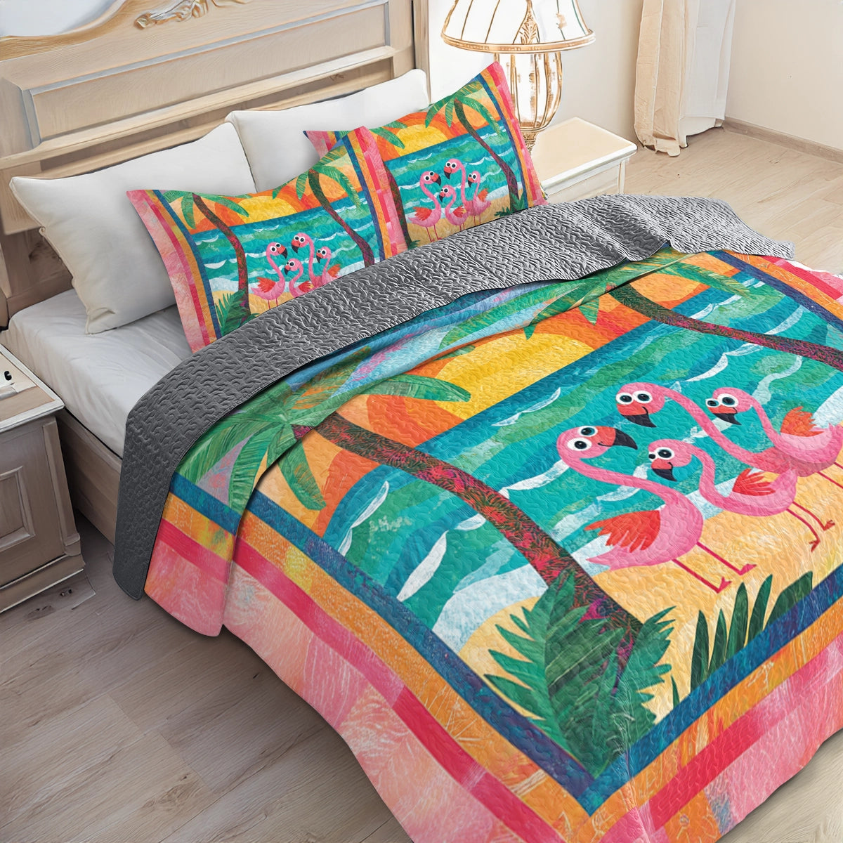 Shineful All Season Quilt 3-Piece Set Flamingo Family