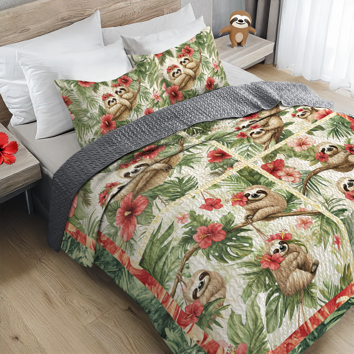 Shineful All Season Quilt 3-Piece Set Hibiscus Harmony Sloth