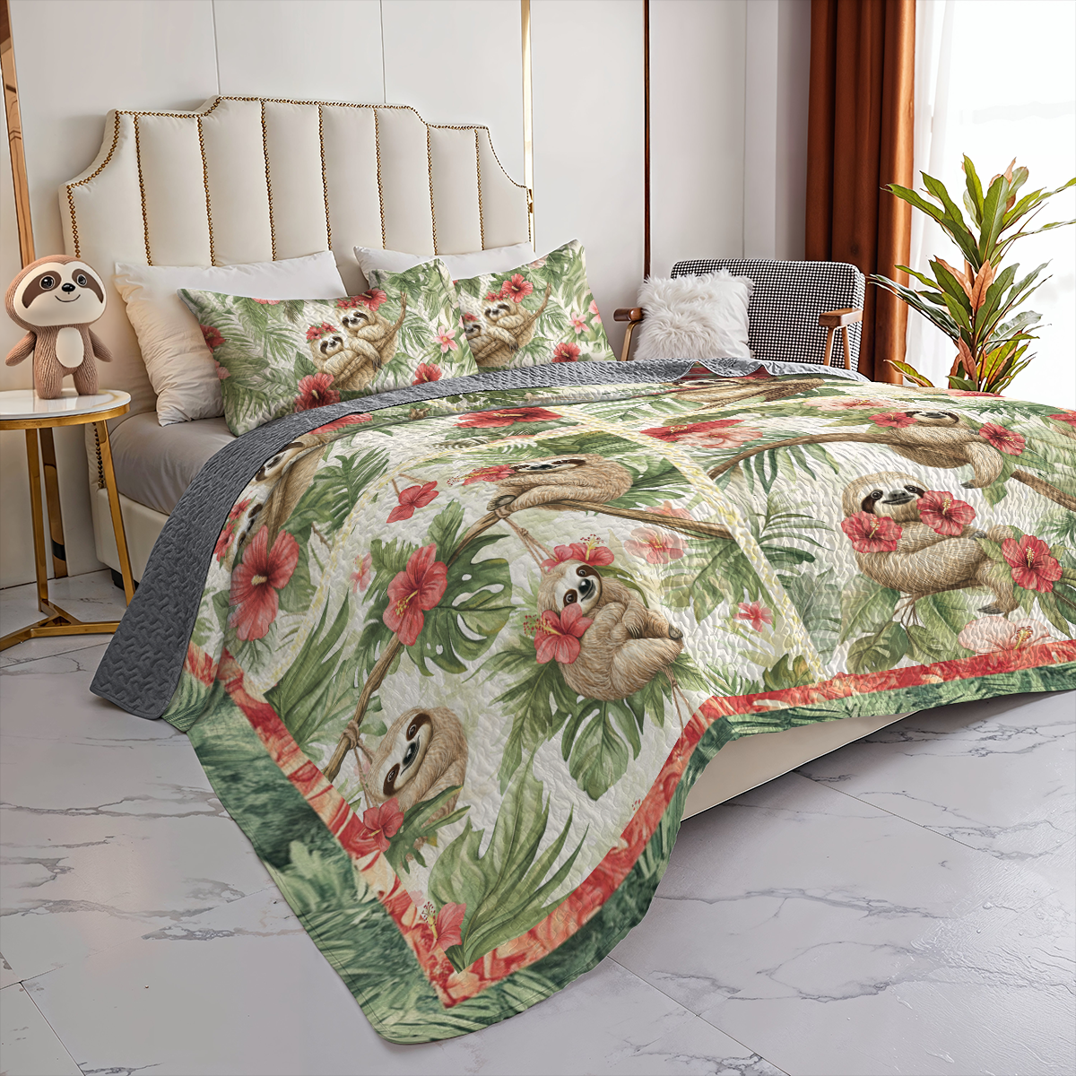 Shineful All Season Quilt 3-Piece Set Hibiscus Harmony Sloth