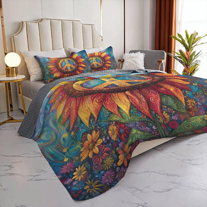 Shineful All Season Quilt 3-Piece Set - Hippie Sunflower Peace