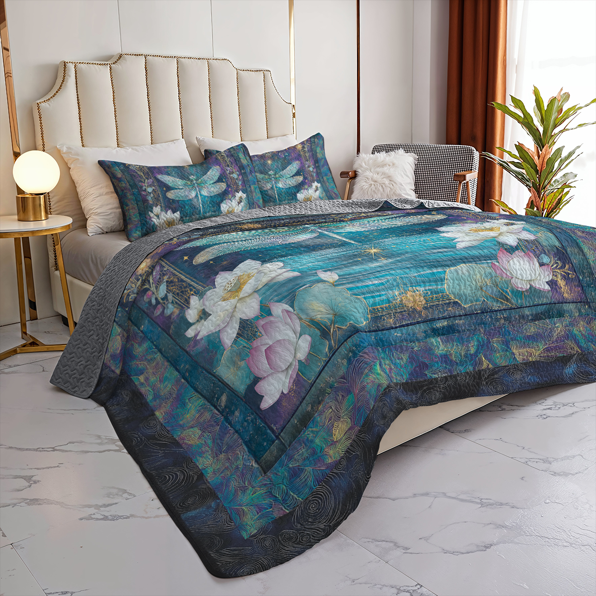 Shineful All Season Quilt 3-Piece Set Lotus And Dragonfly Serenity