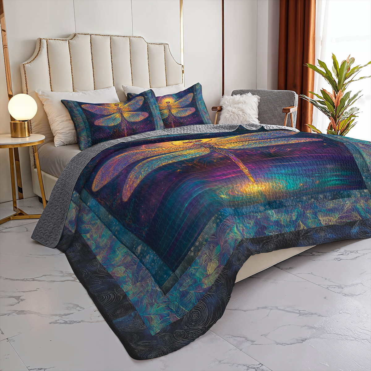 Shineful All Season Quilt 3-Piece Set Golden Glow Dragonfly