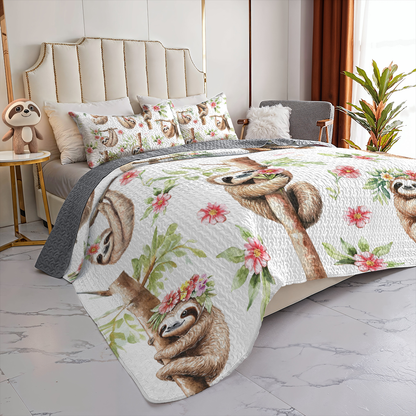 Shineful All Season Quilt 3-Piece Set Pink Flower Sloth Haven