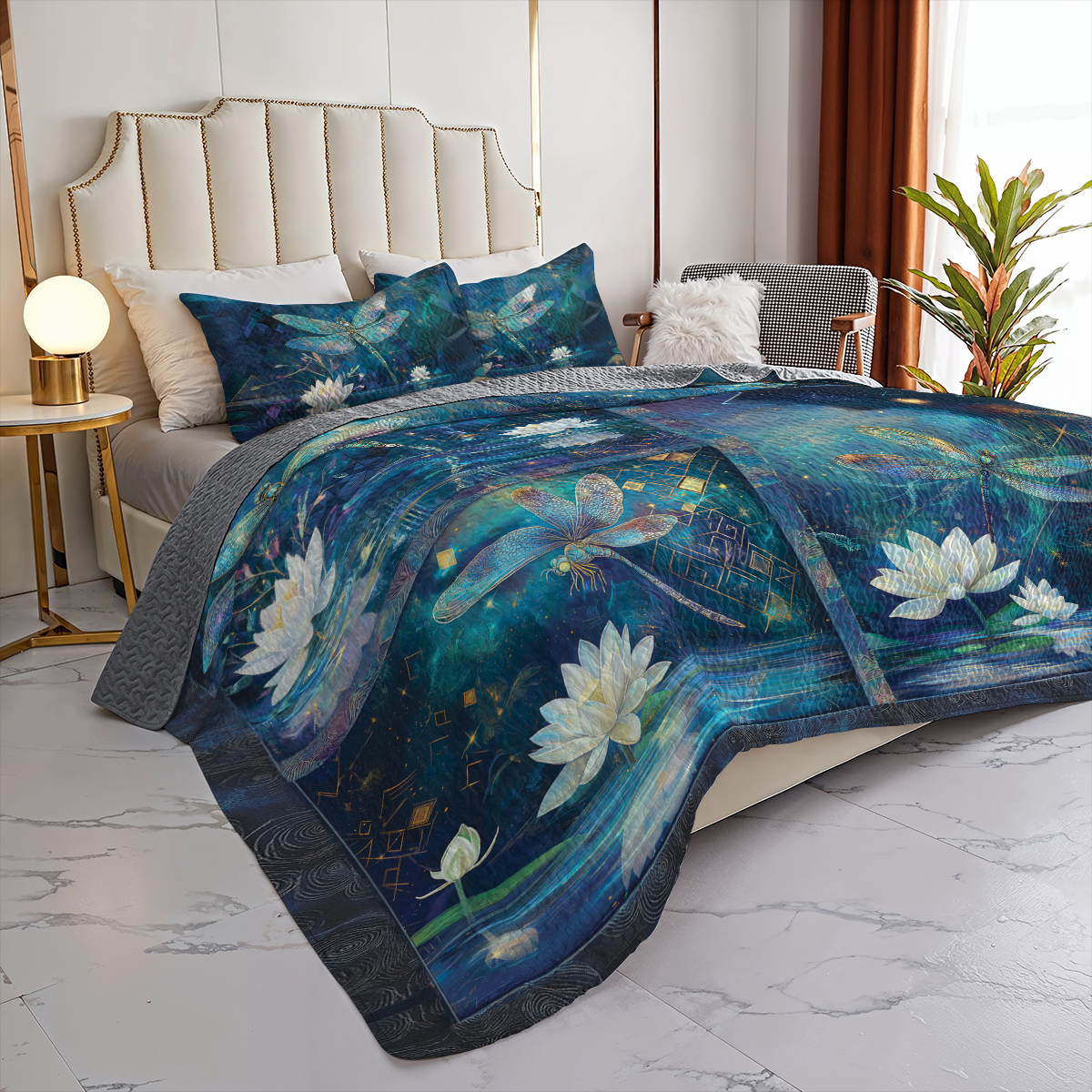 Shineful All Season Quilt 3-Piece Set Tranquil Lotus Dragonfly