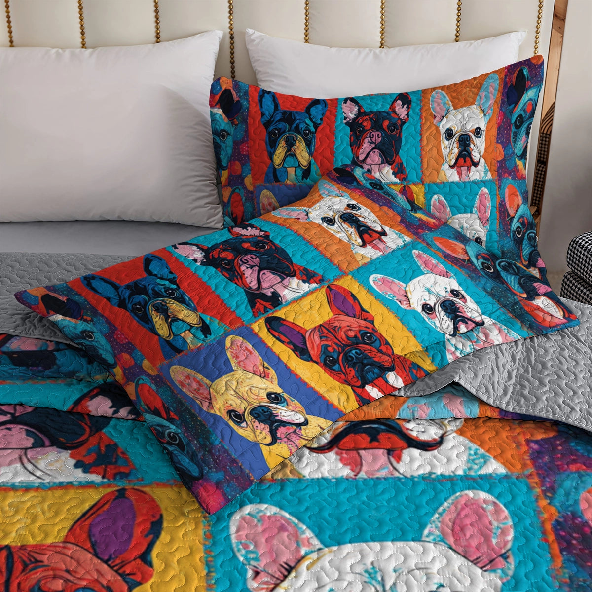 Shineful All Season Quilt 3-Piece Set Bold Frenchie Faces