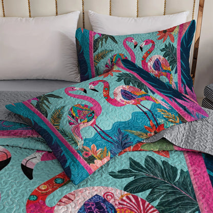 Shineful All Season Quilt 3-Piece Set Tropical Flamingo Paradise