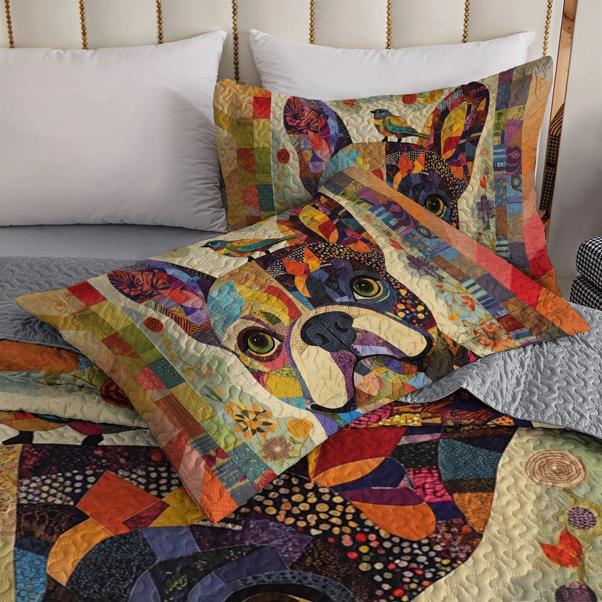 Shineful All Season Quilt 3-Piece Set Frenchie Patchwork Paradise