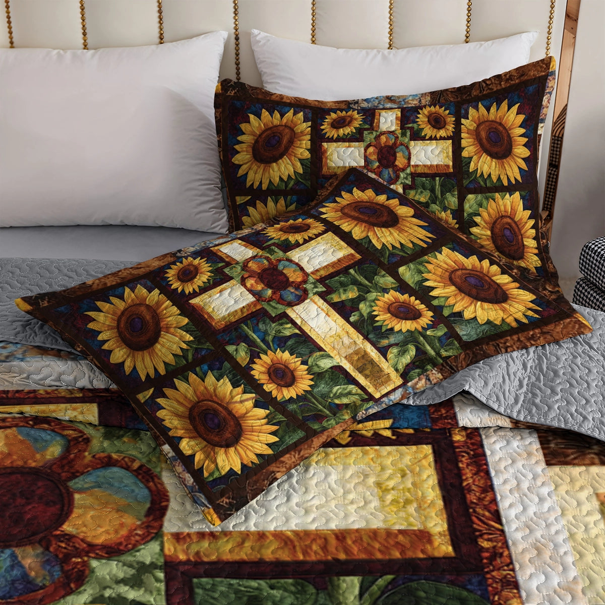 Shineful All Season Quilt 3-Piece Set God's Divine Sunflower Cross