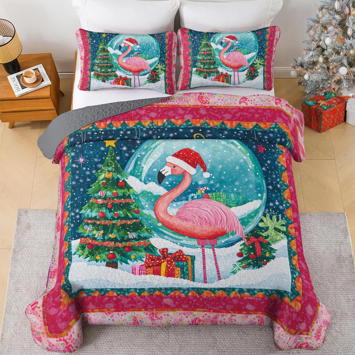 Shineful All Season Quilt 3-Piece Set Holiday Flamingo Wonderland