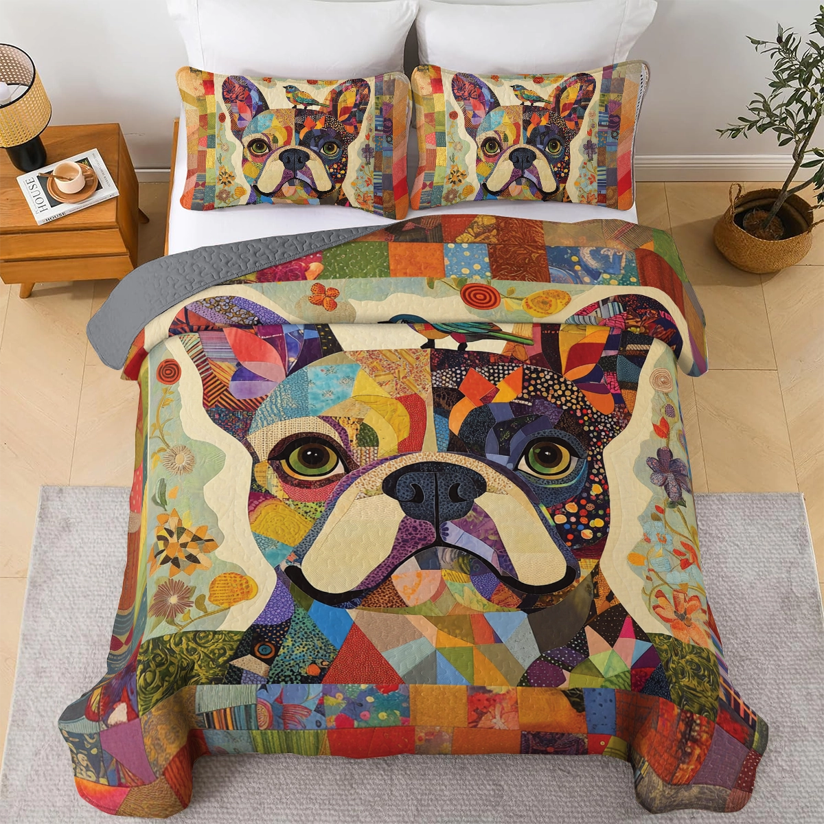 Shineful All Season Quilt 3-Piece Set Frenchie Patchwork Paradise