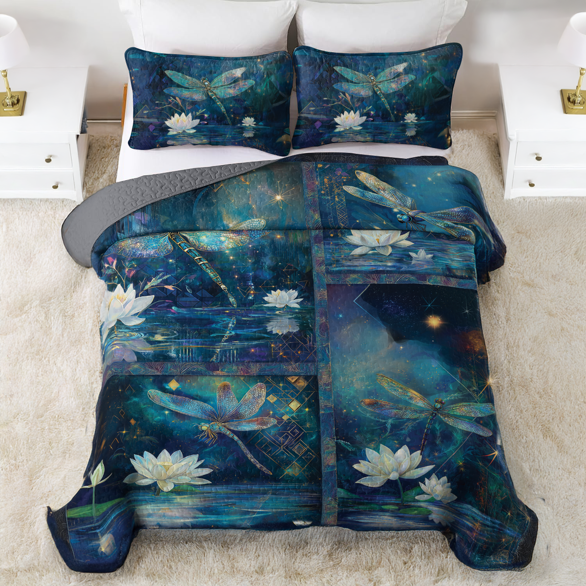 Shineful All Season Quilt 3-Piece Set Lotus And Dragonfly Serenity