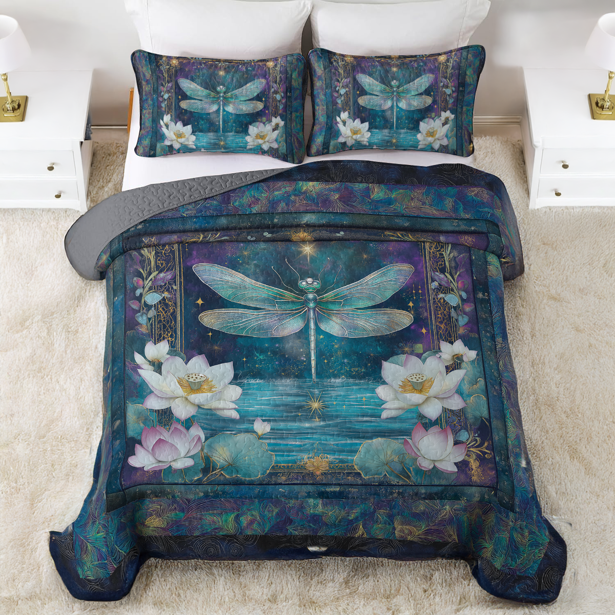 Shineful All Season Quilt 3-Piece Set Tranquil Lotus Dragonfly