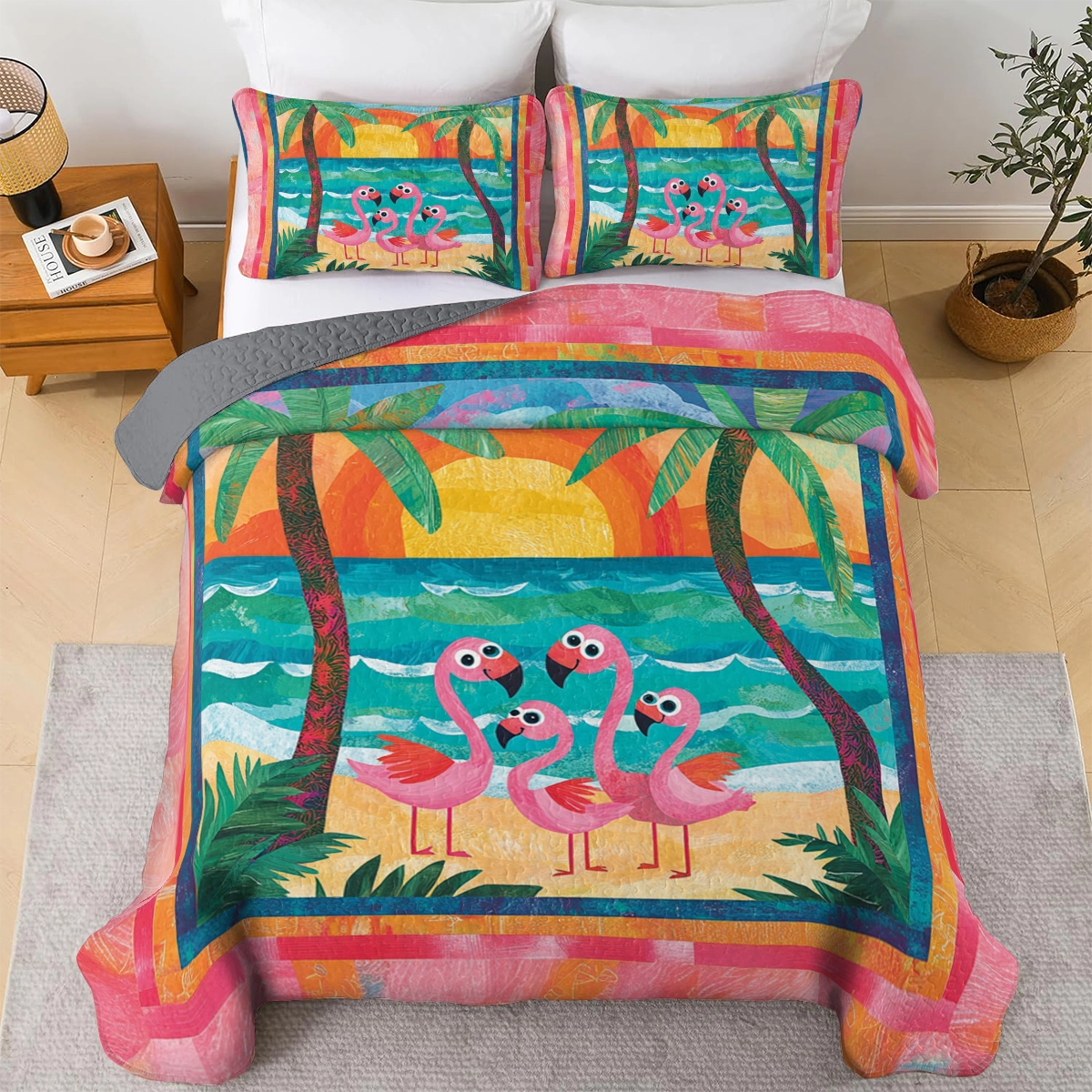 Shineful All Season Quilt 3-Piece Set Flamingo Family