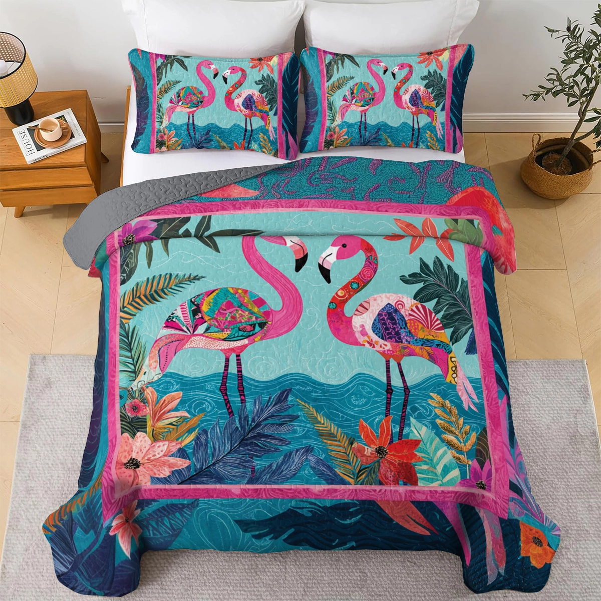 Shineful All Season Quilt 3-Piece Set Tropical Flamingo Paradise