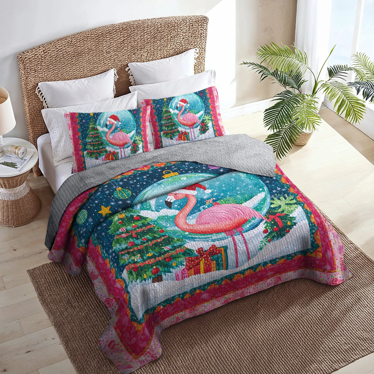 Shineful All Season Quilt 3-Piece Set Holiday Flamingo Wonderland