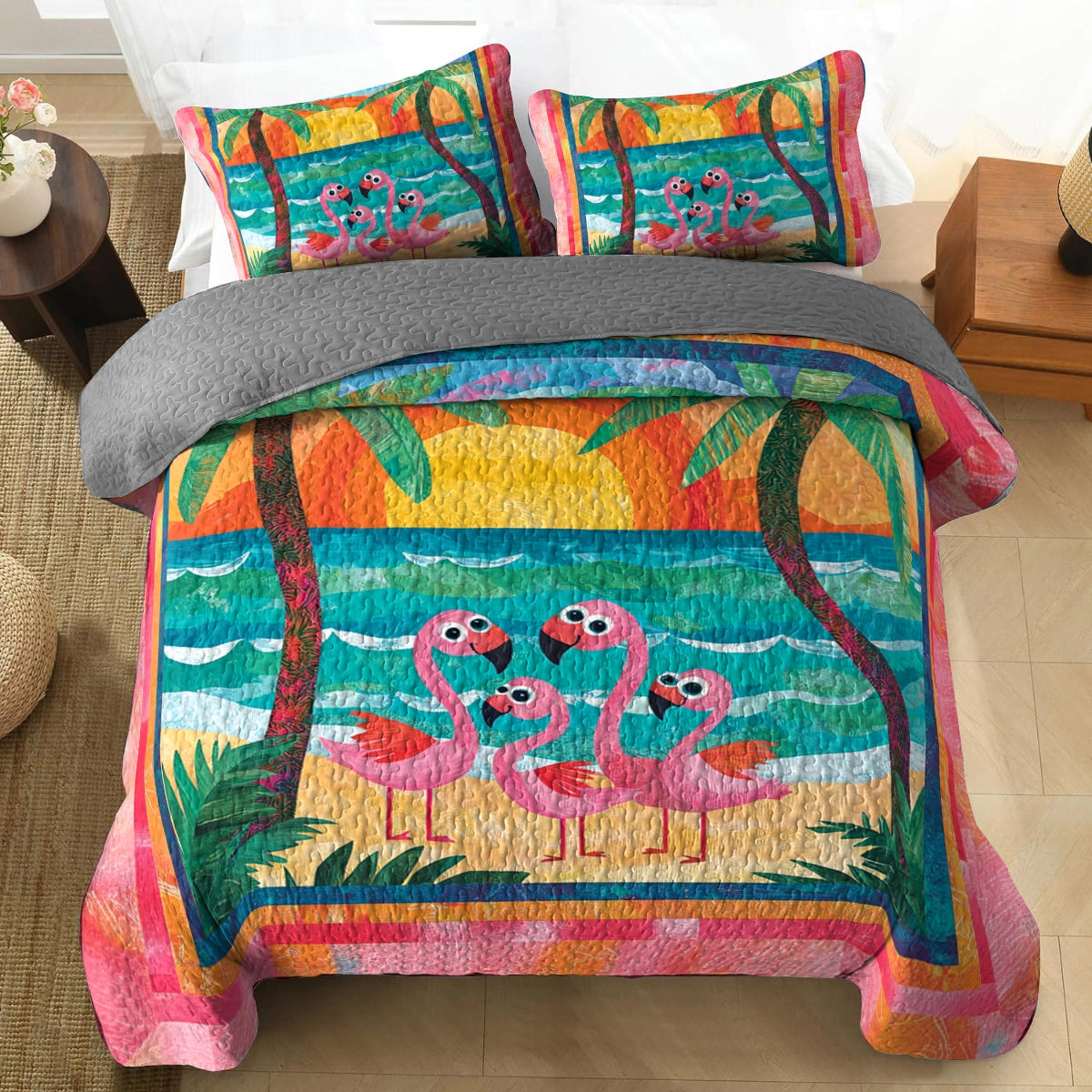 Shineful All Season Quilt 3-Piece Set Flamingo Family
